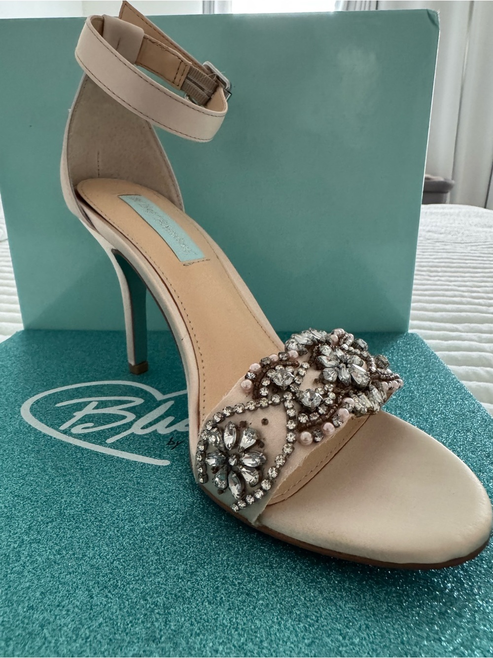 Betsey Johnson SB GinaChampagne Crystal-Pearl Embellished Nude Ankle-Strap Heels